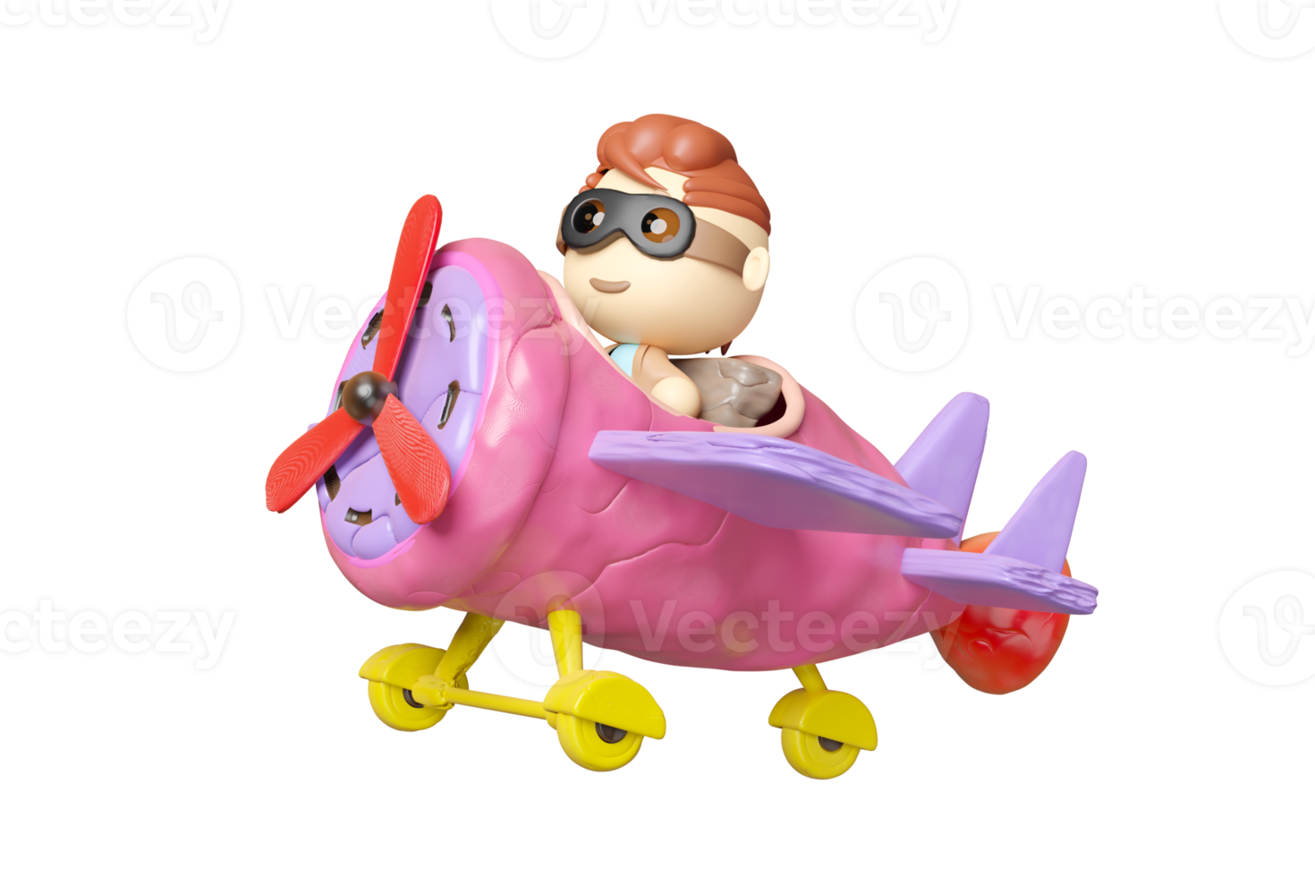 child pilot character from plasticine with pilot glasses, propeller plane on the airport isolated. clay toy icon concept, 3d render illustration png