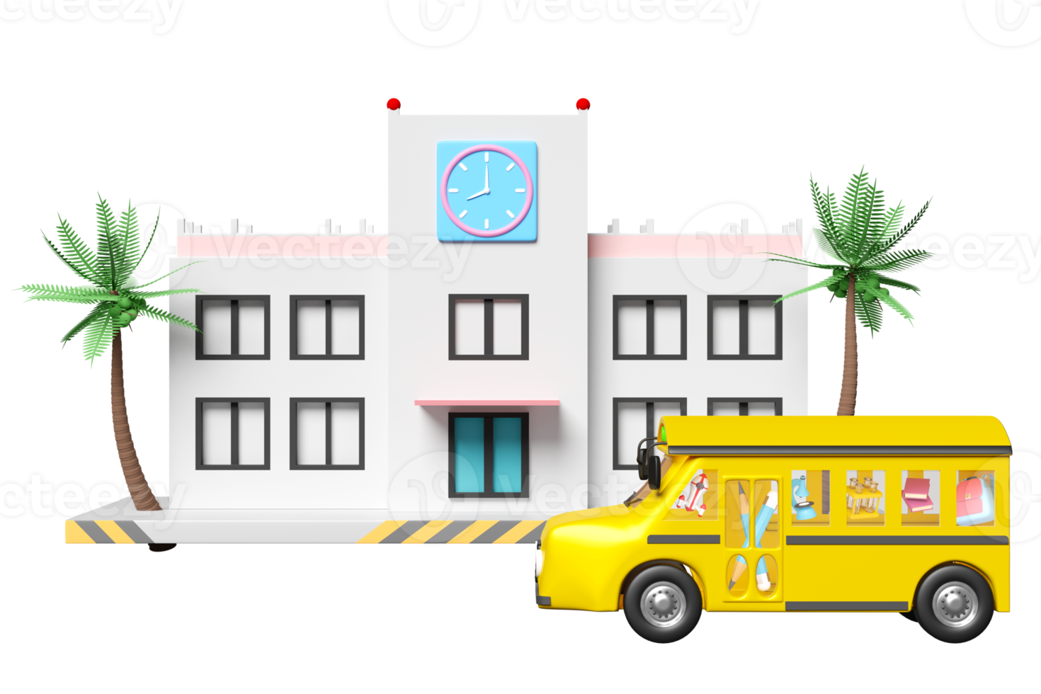 voertuig voor vervoer studenten geïsoleerd. 3d geel school- bus tekenfilm, accessoires met microscoop, boek, tas, potlood, school- benodigdheden, terug naar school- 3d illustratie geven png