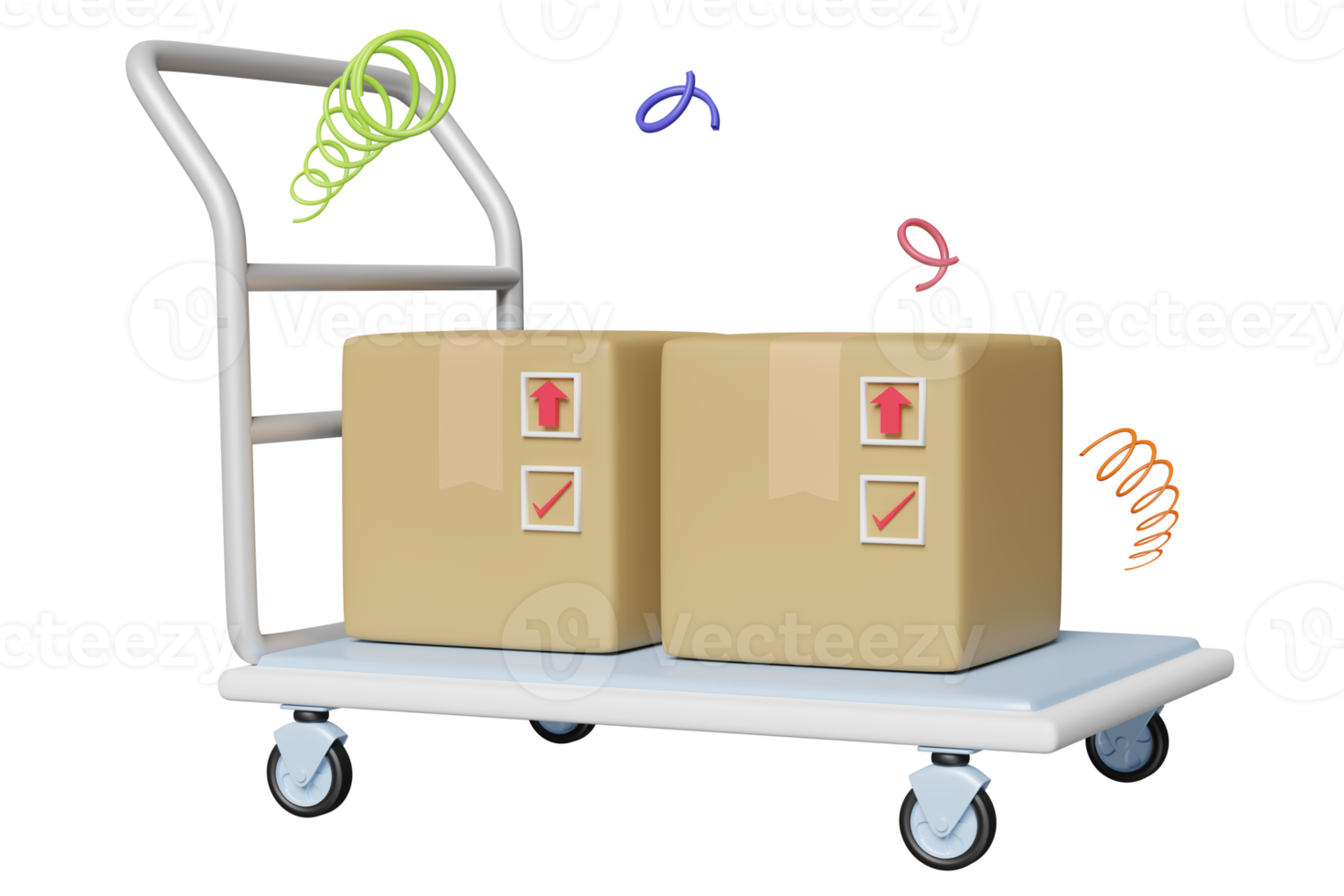 3d magazijn trolley leeg, platform trolley met goederen karton doos icoon geïsoleerd. 3d geven illustratie png