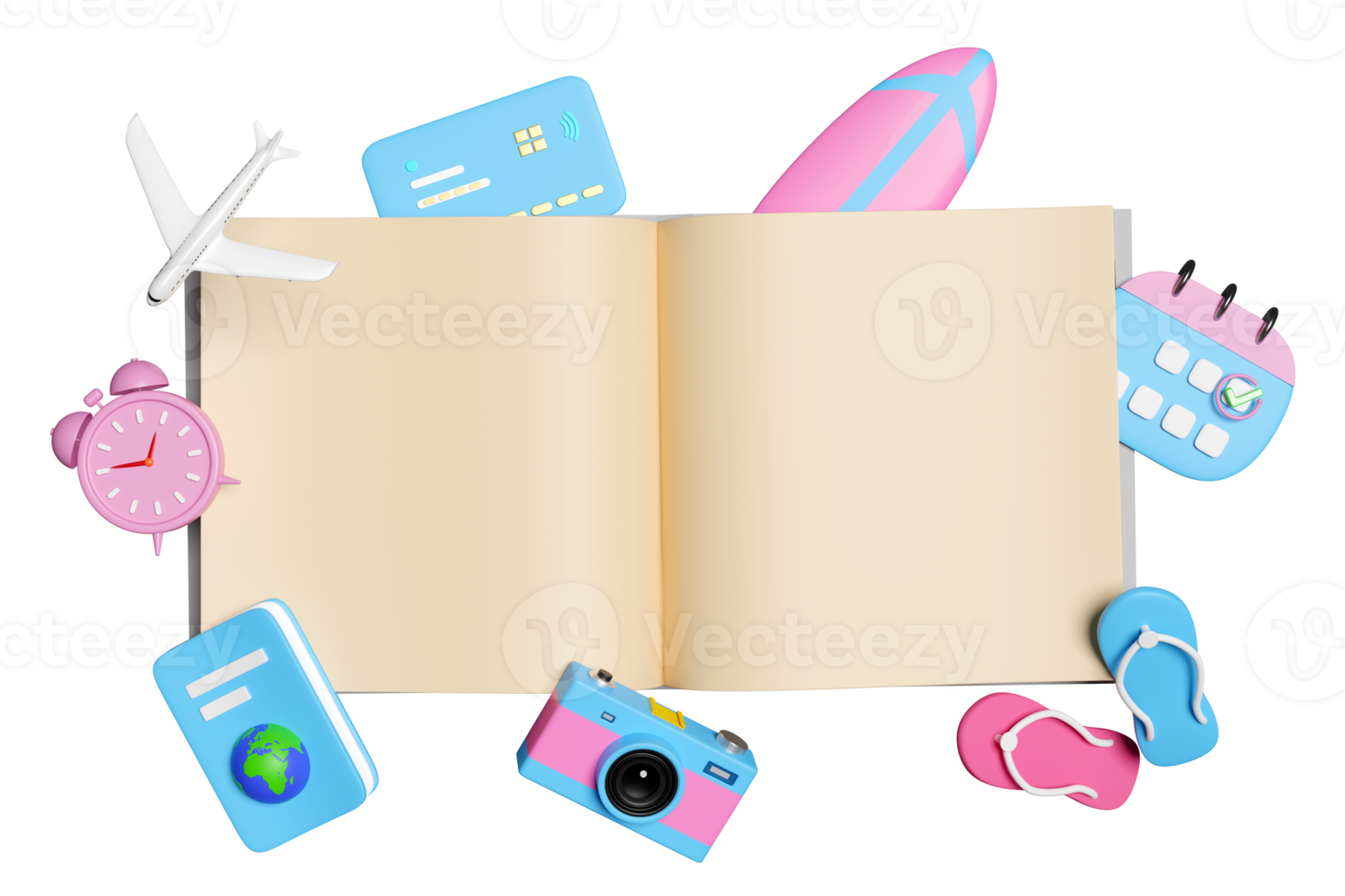 3d open book with calendar, airplane, marked date, passport isolated. schedule appointment, summer travel, itinerary, booking concept, 3d render illustration png