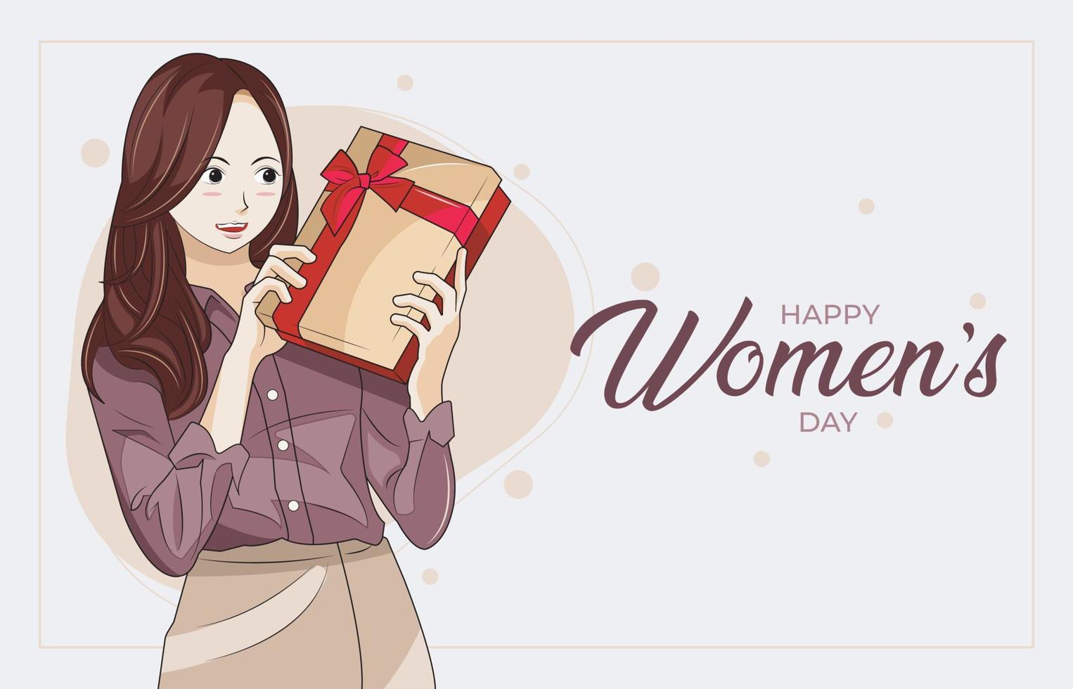 día de la Mujer. mujer joven sonríe con caja de regalo ilustración vectorial descarga gratuita vector