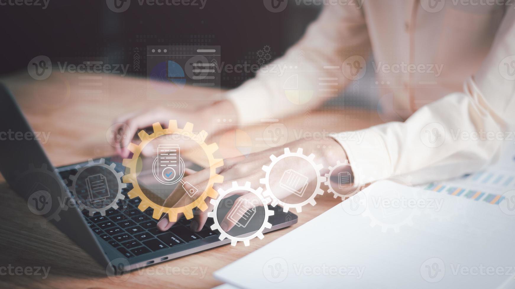 Businessman Audit documents, quality assessment management With a checklist, business document evaluation process, market data report analysis and consulting, review process correctness of document photo