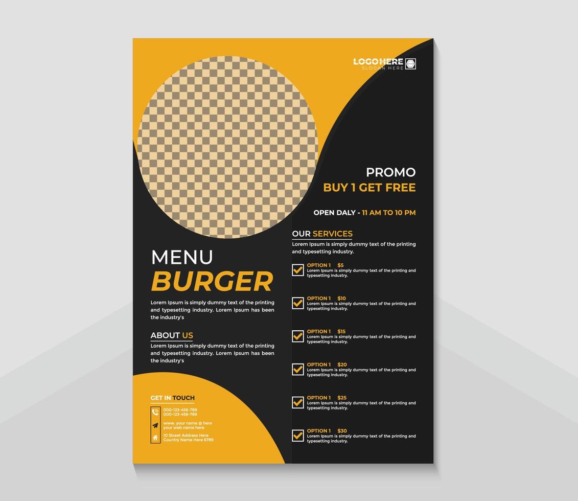 plantilla de volante de hamburguesa de restaurante y diseño de menú de restaurante vector