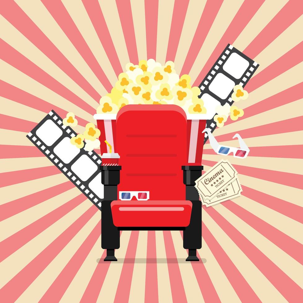 Cinema seats in a cinema with popcorn drinks and glasses vector