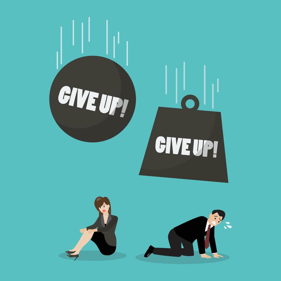 Heavy balls with word give up falling to desperate businessman and woman vector