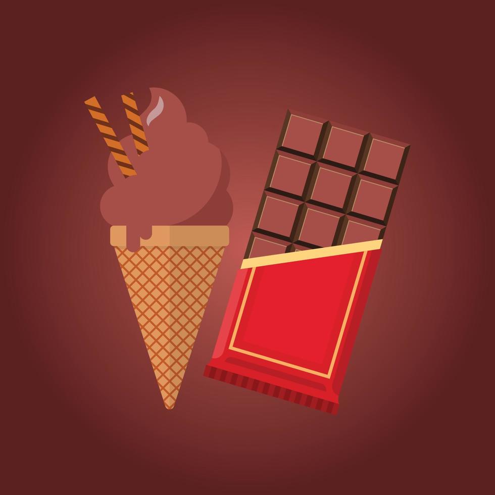 Chocolate ice cream in the cone with chocolate bar vector