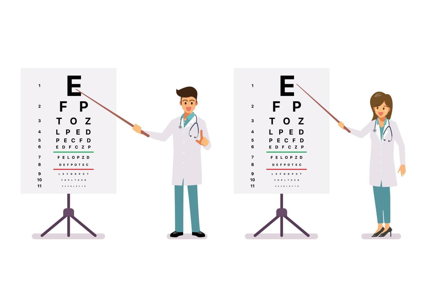 Male and female doctors standing near eye test chart vector