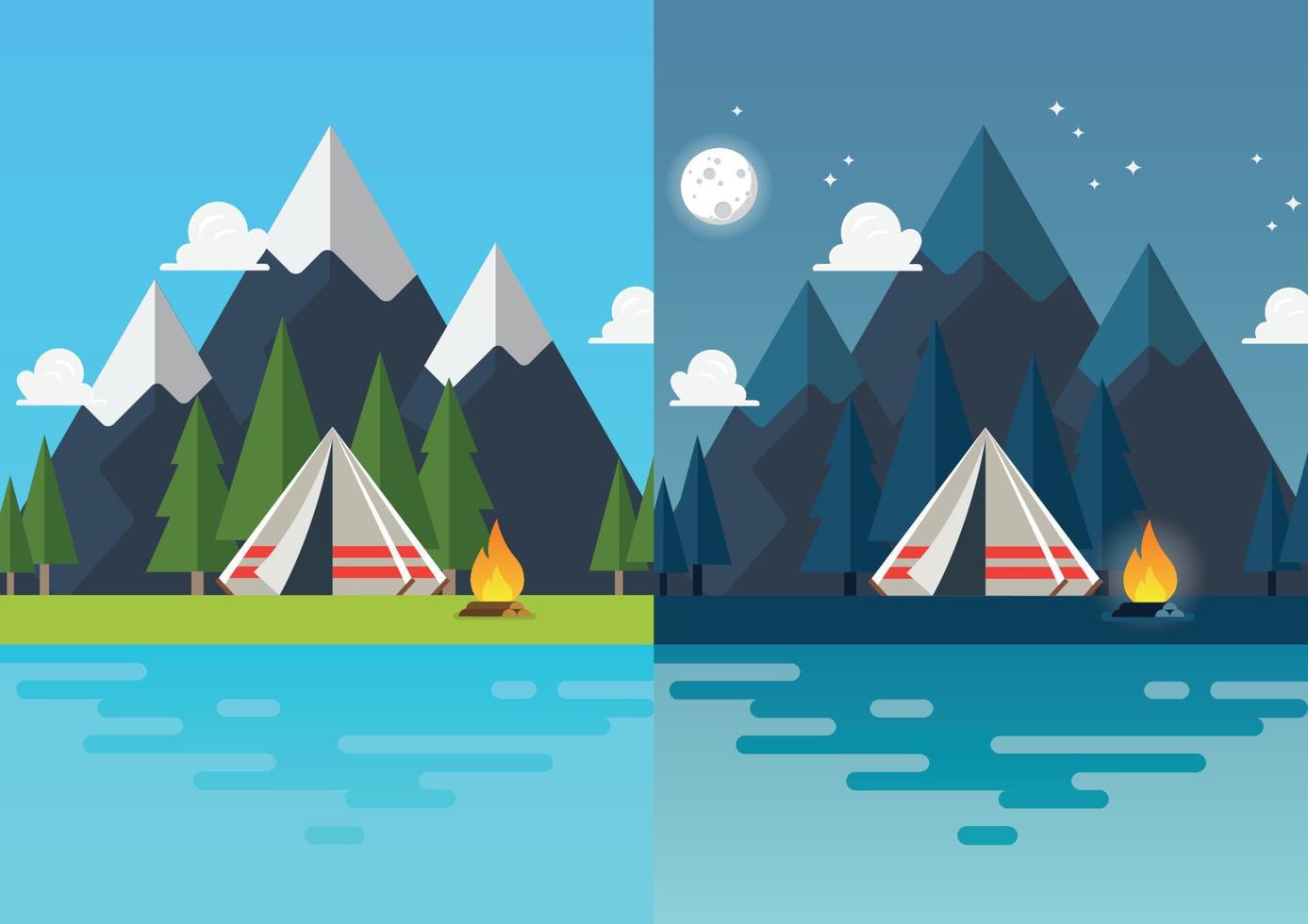 Camping tent with landscape at day and night vector