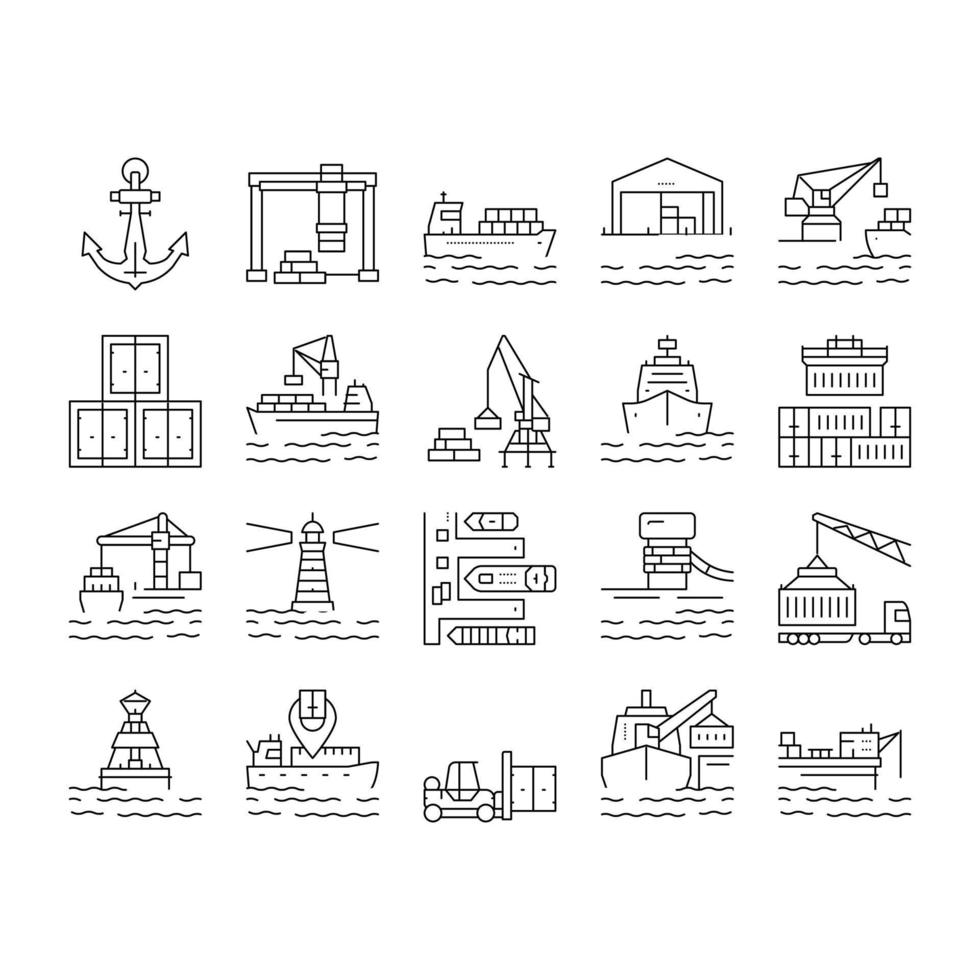 Container Port Tool Collection Icons Set Vector