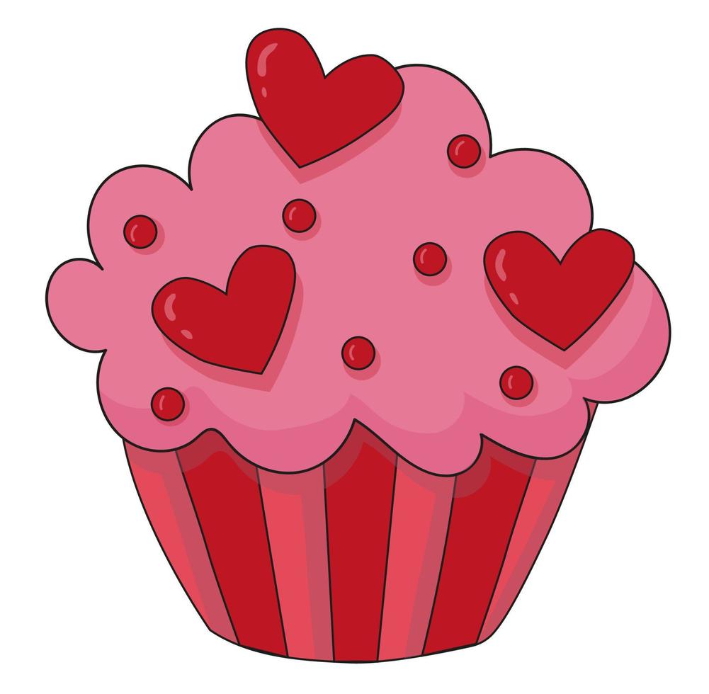 cupcake para el día de san valentín o cumpleaños con corazones rojos y chispas. diseño de postre de pegatina de icono. dulce ilustración vectorial. vector