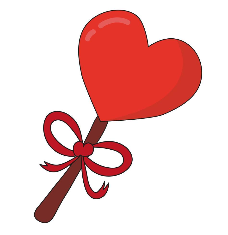 Red lollipop in the shape of a heart with a ribbon. Dessert for valentine's day. Sweets icon sticker vector. vector