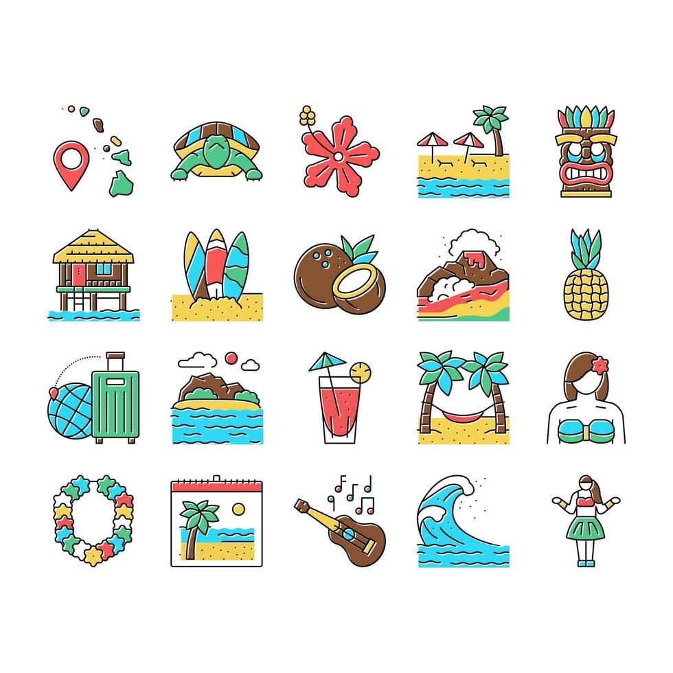 conjunto de iconos de resort de vacaciones en la isla de hawaii vector