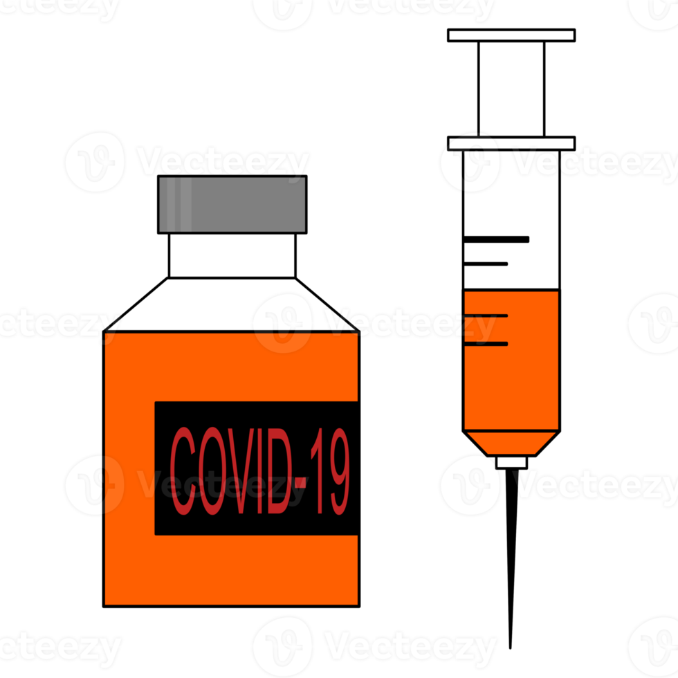 coronavirus du vaccin, flacon de médicament covid-19 et symbole de seringue hypodermique, graphique png