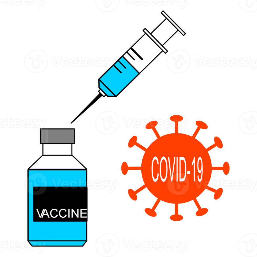 vacina coronavírus, frasco de remédio covid-19 e símbolo de tratamento de ferramenta de injeção de seringa hipodérmica, texto gráfico png