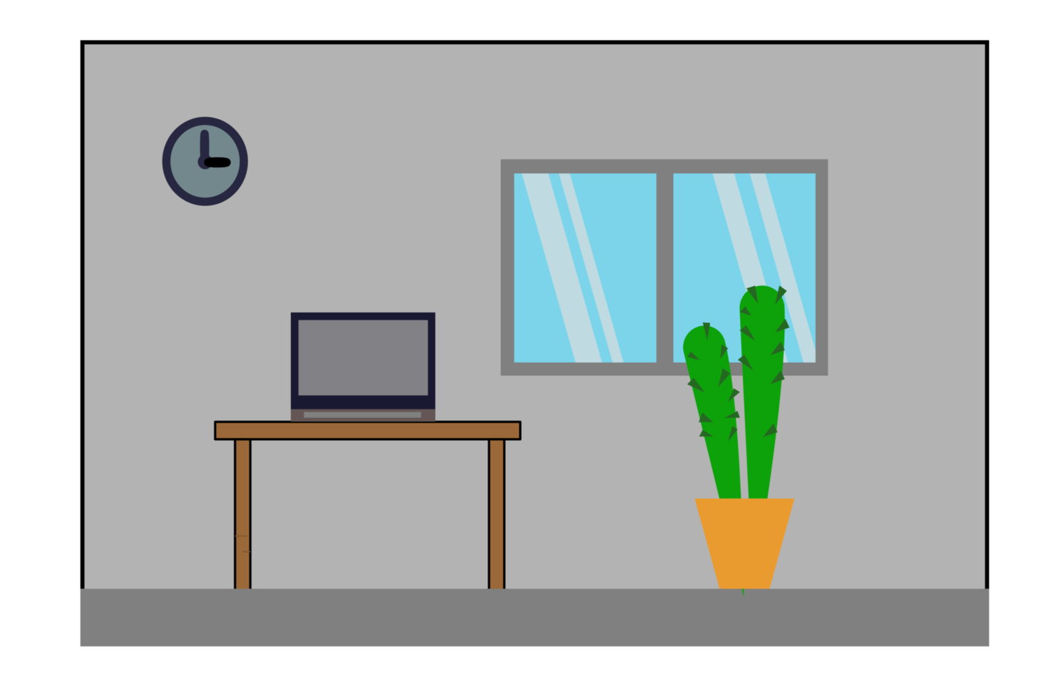 Flat elevation window, clock, on wall decorate, furniture interior room notebook on table, chair castus tree pod, inside home or house, illustration png