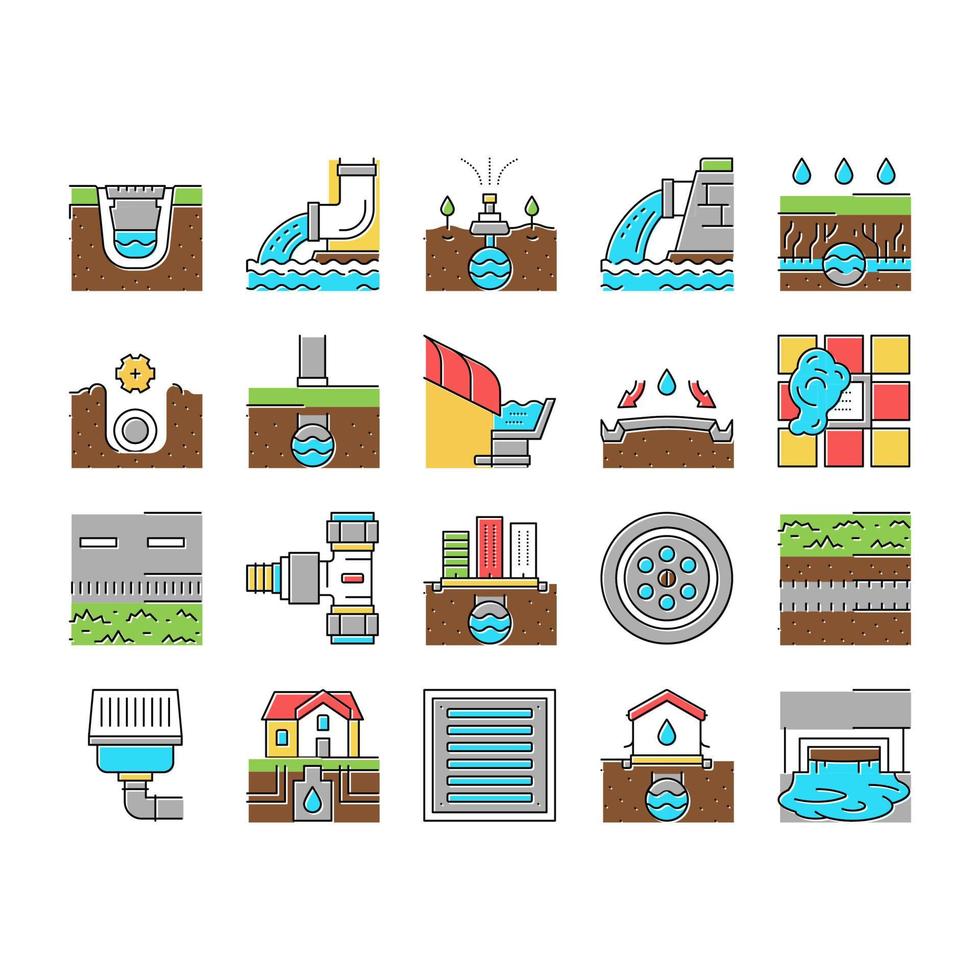 Drainage Water System Collection Icons Set Vector