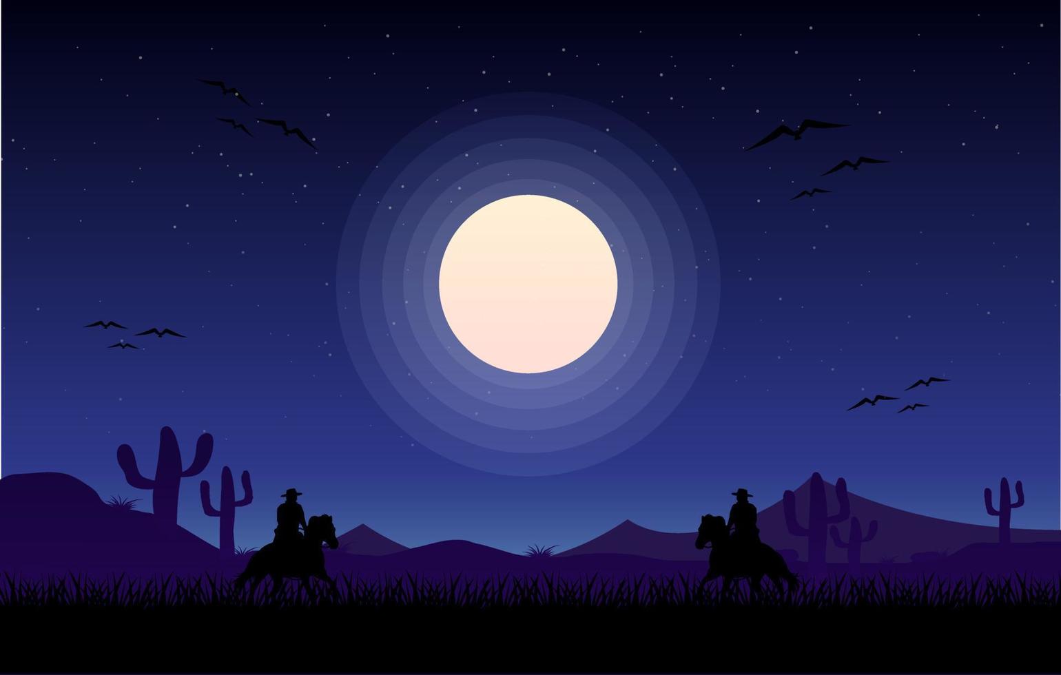 vaquero noche desierto paisaje ilustración gratis, vaqueros y el salvaje oeste, salvaje oeste de texas desierto en la noche, silueta de un jinete en el desierto vector