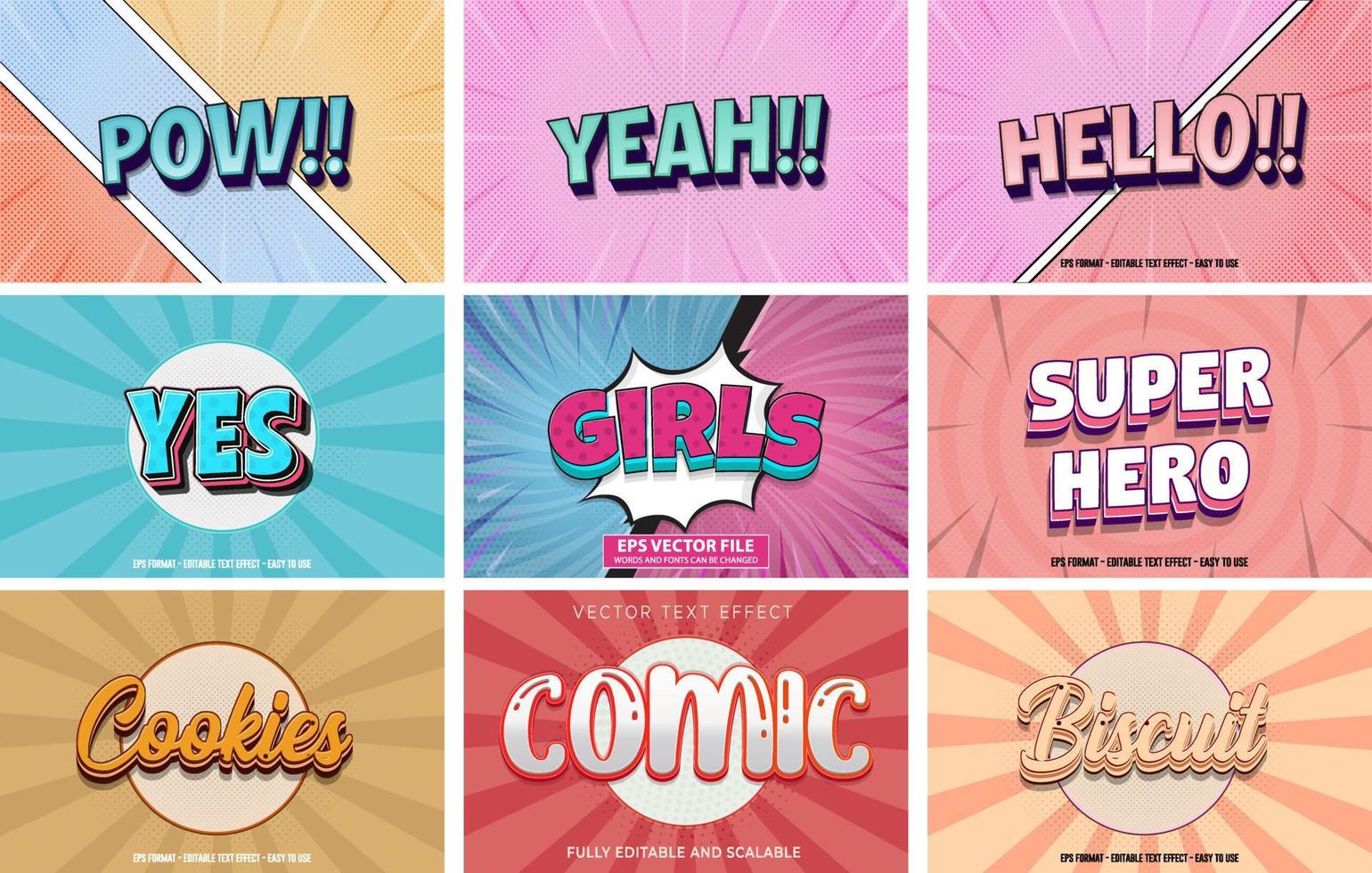 Comic Editable text effect set, Comic text style template set, Set of editable text effect design, Bundle of editable text effect vector