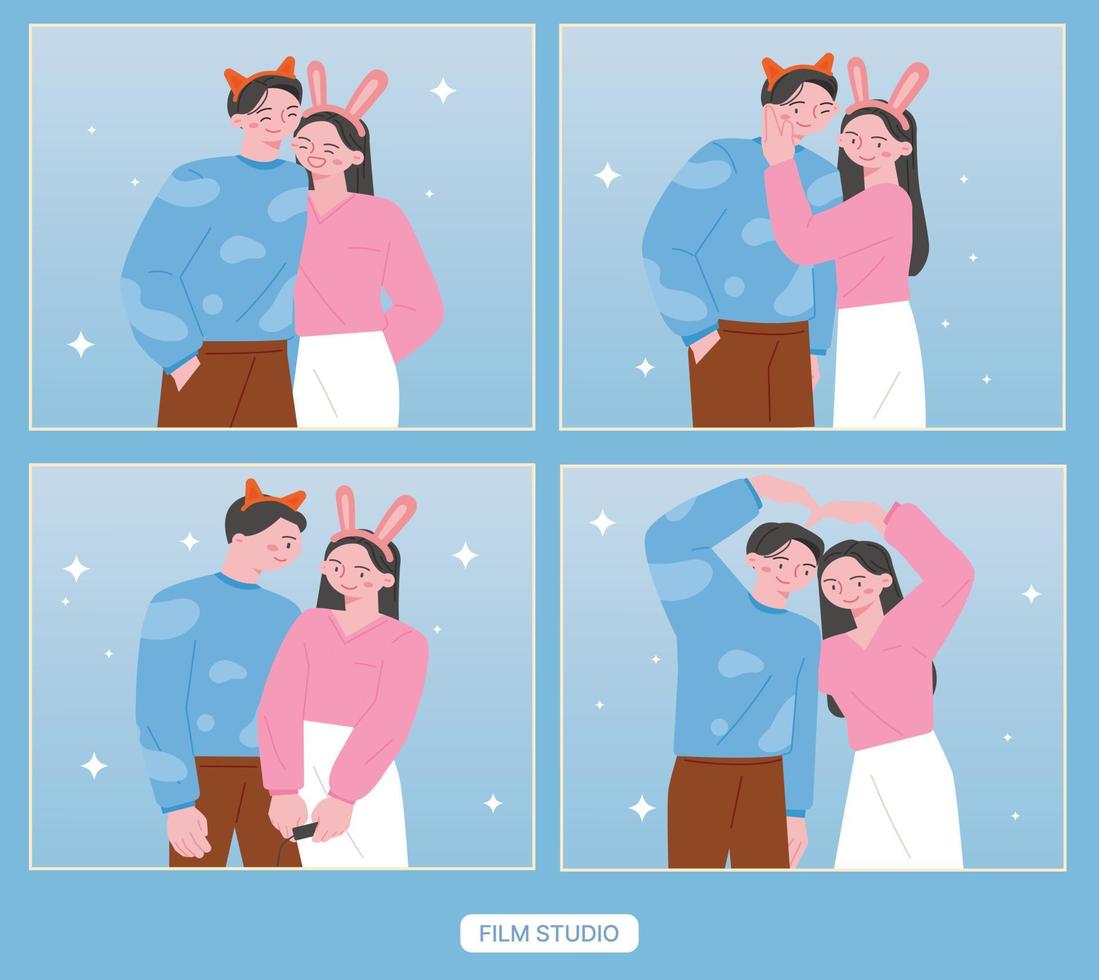 A man and a woman are taking four pictures at a photo booth. They are doing various poses. vector
