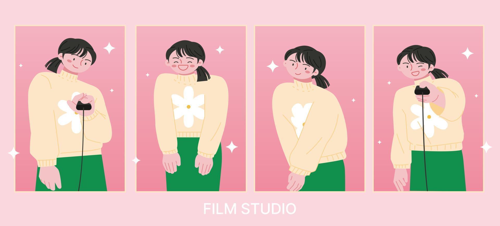 A woman taking a selfie at a photo booth. She has 4 different poses. vector