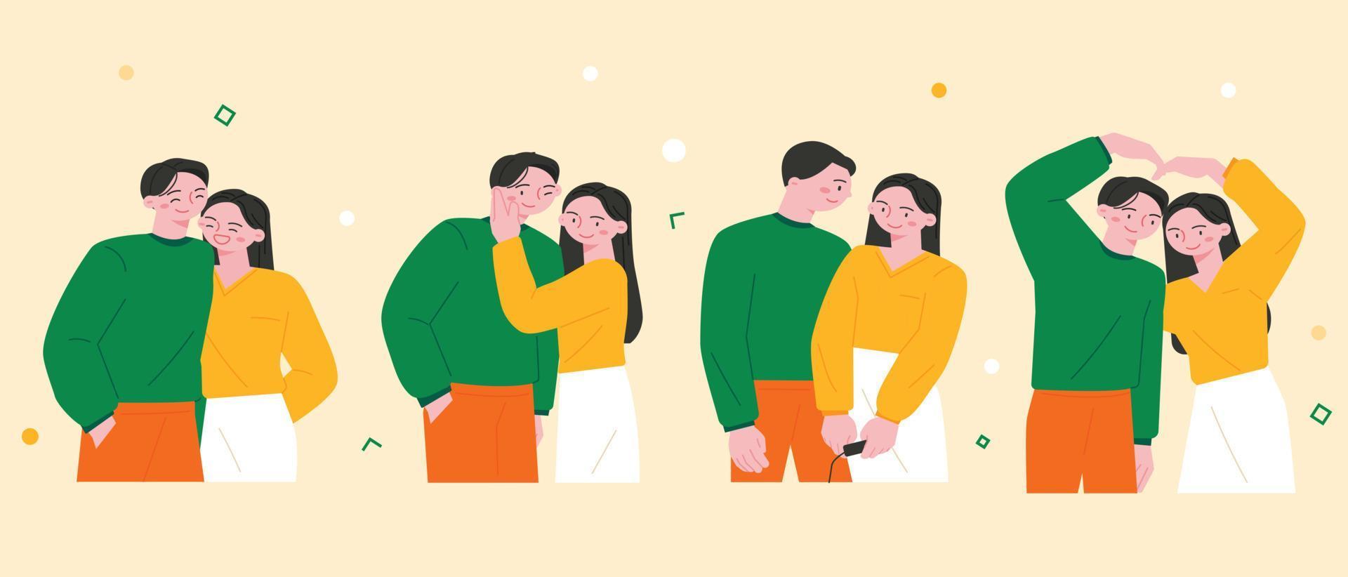 A man and a woman are doing various affectionate poses. vector