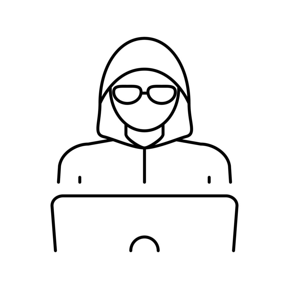 hacker trabaja en la ilustración del vector del icono de la línea del portátil