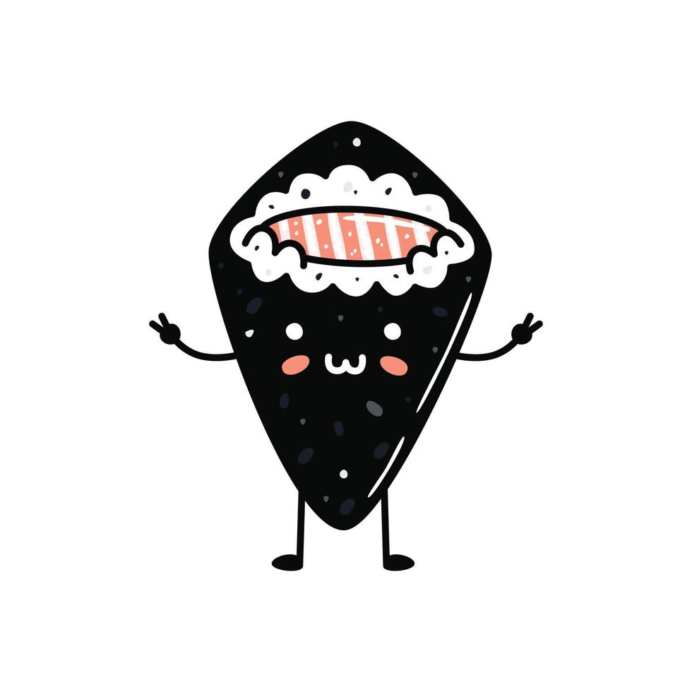 Kawaii sushi mascot in cartoon style. Cute temaki with salmon for menu vector