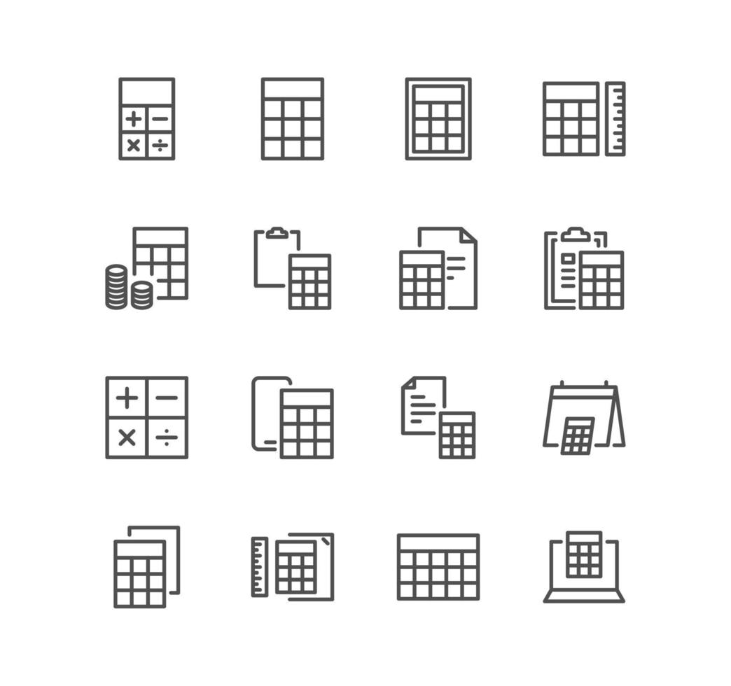 Set of calculation and accounting related icons, calculator, money, audit, tax, revenue, payable, credit and linear variety vectors. vector