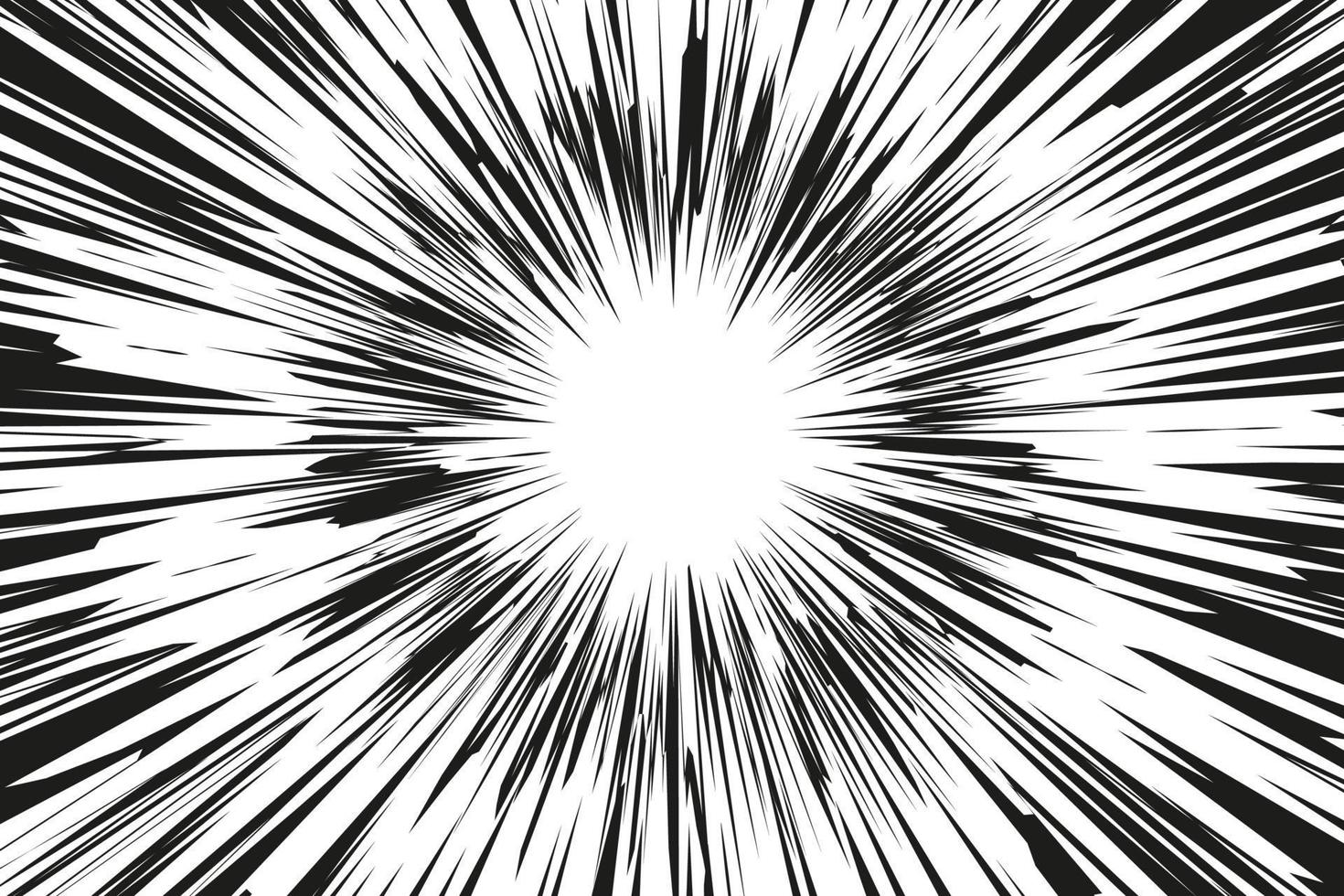 Speed lines in frame for manga comics book. Radial motion background. Monochrome explosion and flash glow. Vector