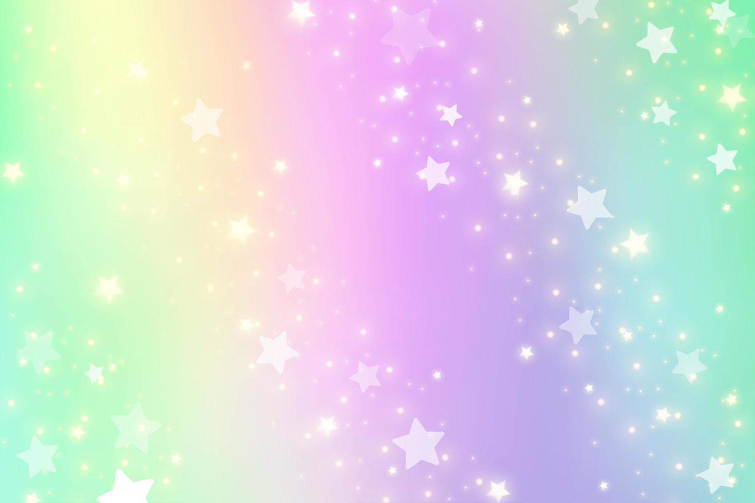 Fondo de fantasía de arco iris. Ilustración holográfica en colores pastel. Fondo femenino de dibujos animados lindo. cielo multicolor brillante con estrellas. vector. vector