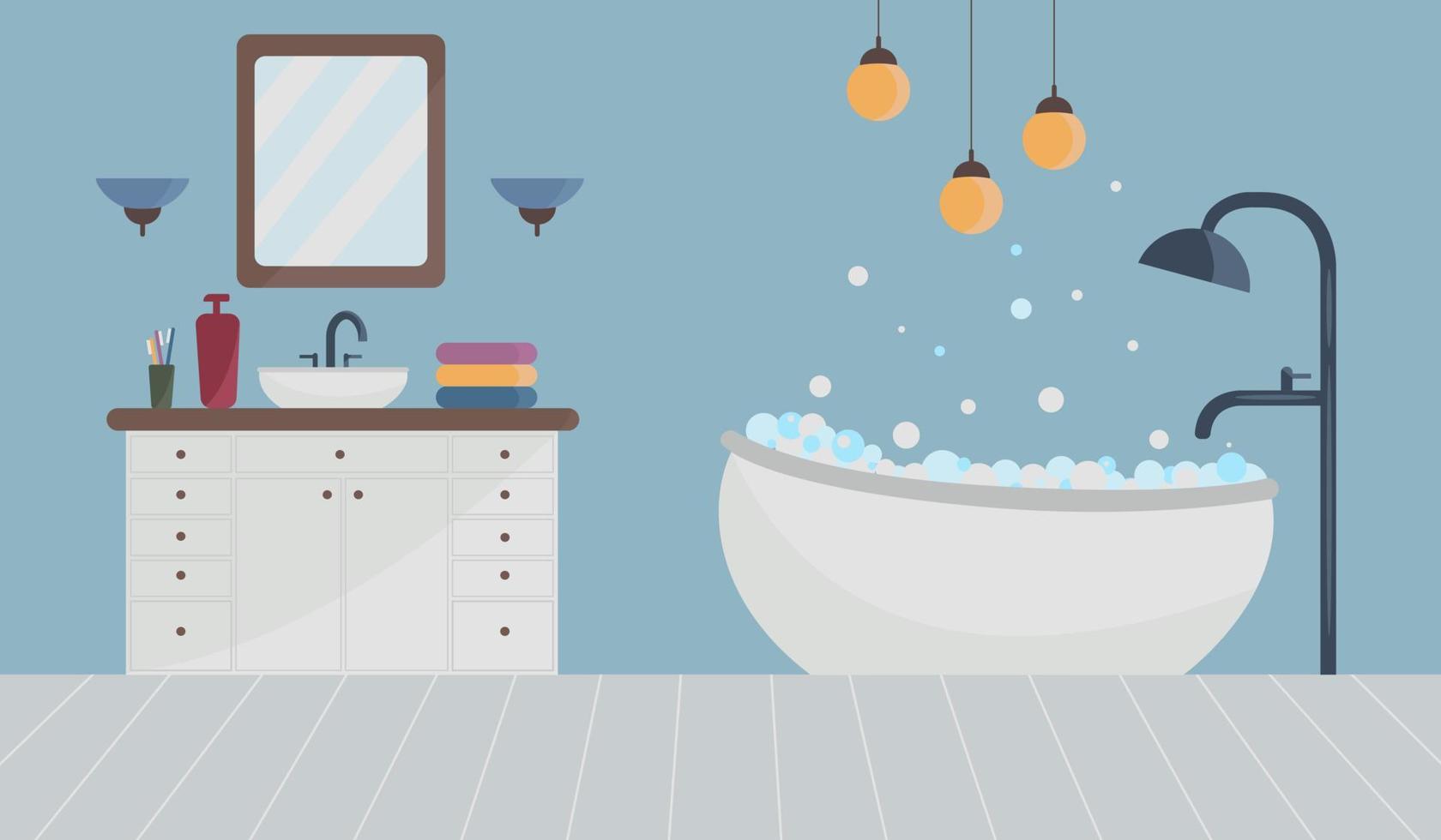 An illustration of the interior of a bathroom with an image of a filled bath with foam, as well as with a shower and a mixer, and lamps hanging from the ceiling. Vector illustration.