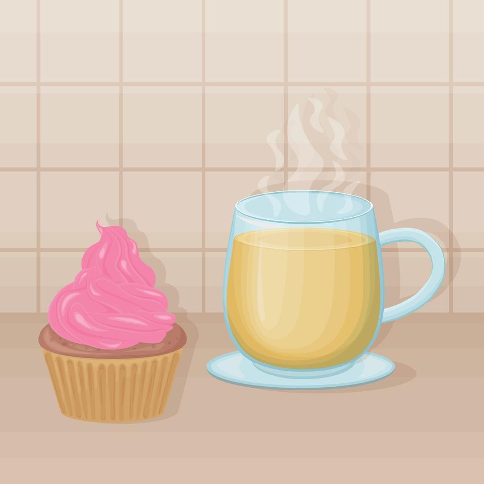 A cup of tea and a cake. Kitchen table with hot tea and cakes with pink cream. Sweet breakfast. Vector illustration