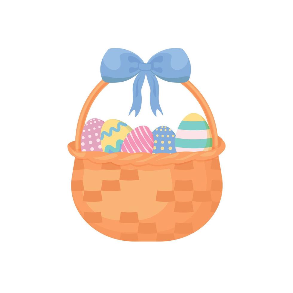 Basket with Easter eggs. Festive Easter illustration depicting a wicker basket with colorful Easter eggs. Vector illustration isolated on a white background
