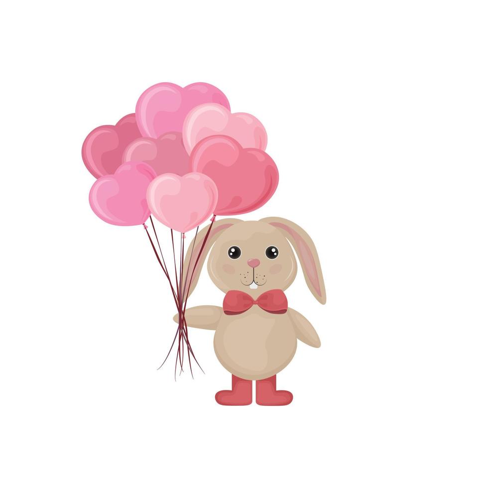 una liebre con globos. lindo conejo sonriente con globos en forma de corazones. conejito de dibujos animados desea feliz día de san valentín. ilustración vectorial aislada en un fondo blanco vector