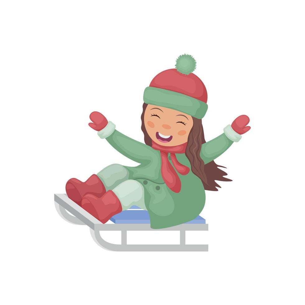una niña en un trineo. linda chica en estilo de dibujos animados, sentada en un trineo. ilustración de invierno con una chica alegre montando un trineo. ilustración vectorial aislada en un fondo blanco vector