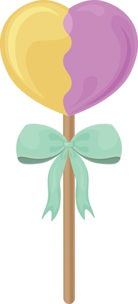 A bright heart-shaped lollipop with a green bow on a stick. A sweet lollipop on a stick. New Year s candies. Sweets for Valentine s Day. Vector illustration isolated on a white background