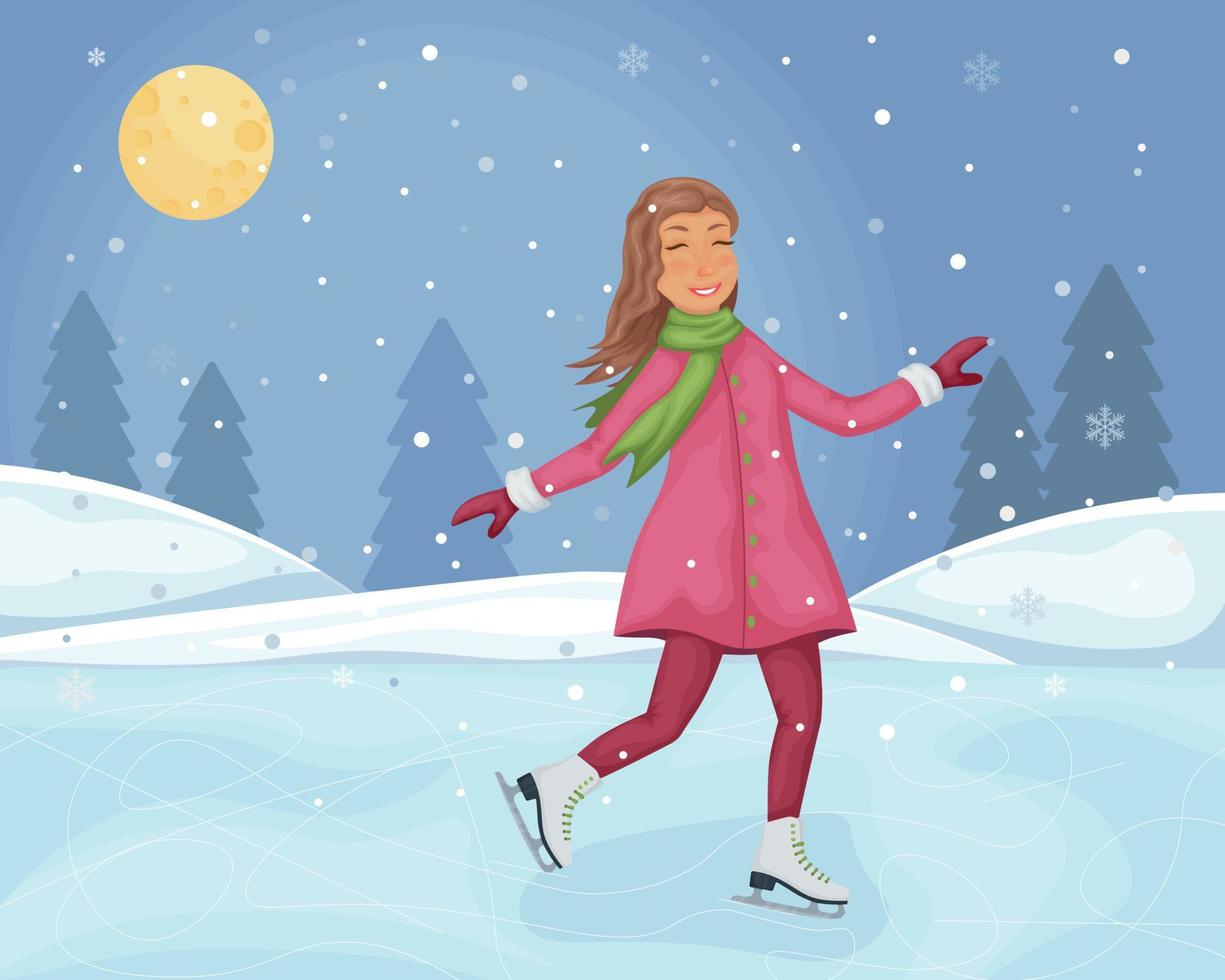 una chica en patines. ilustración de invierno con la imagen de una linda chica sonriente patinando. patinaje artístico sobre hielo. paisaje invernal con luna y bosque cubierto de nieve. vector