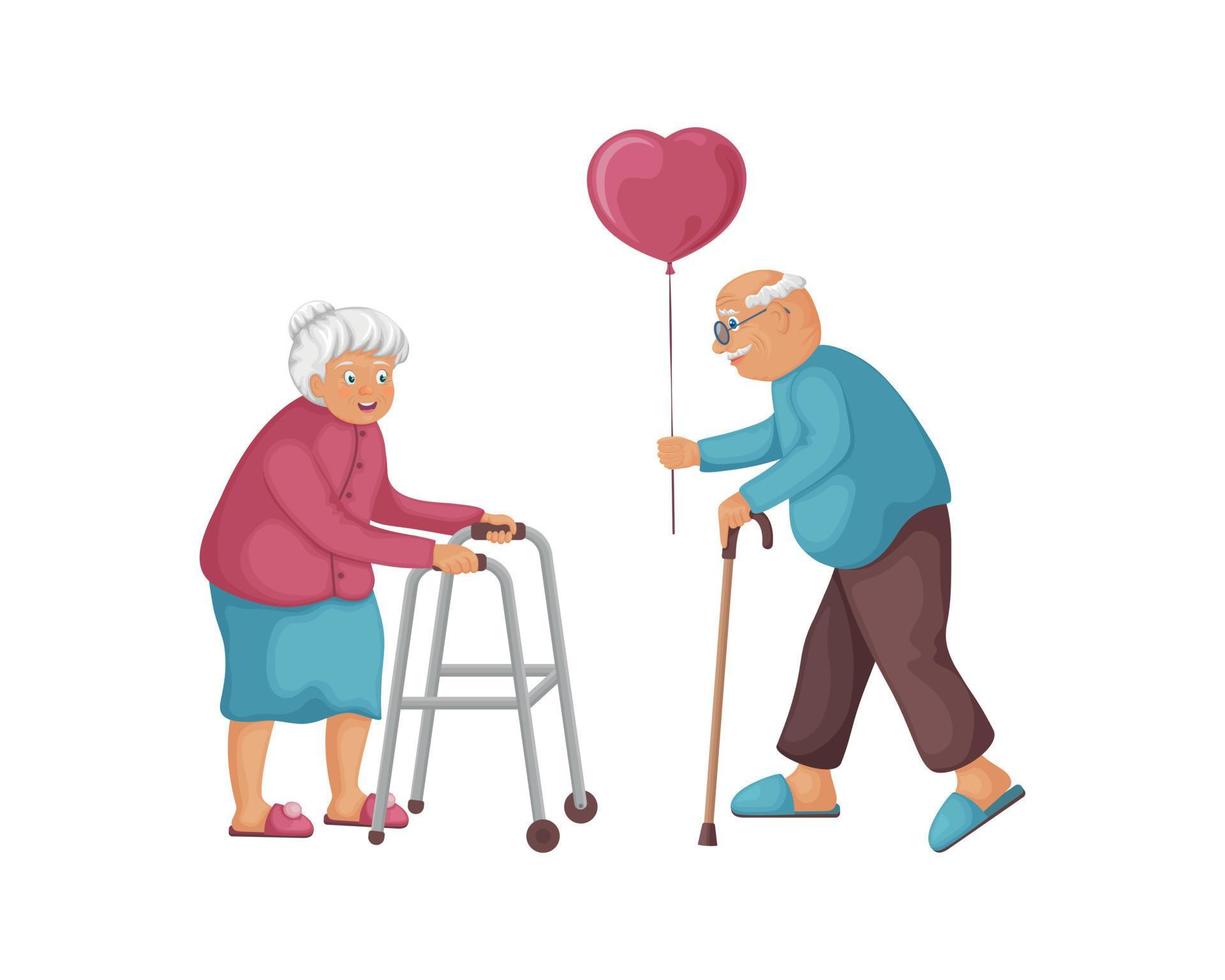 ancianos enamorados. linda ilustración con la imagen de un abuelo que le regala a su abuela un globo en forma de corazón. anciano y mujer en el día de san valentín vector