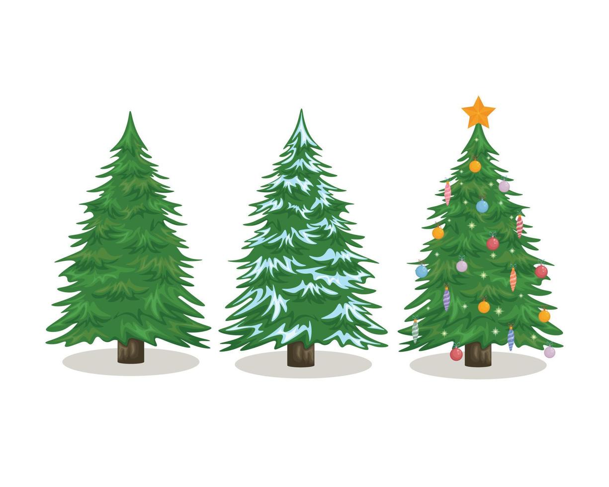 Arboles de navidad. tres árboles de navidad decorados con bolas de navidad, el otro sin adornos. árbol de navidad en la nieve. ilustración vectorial vector