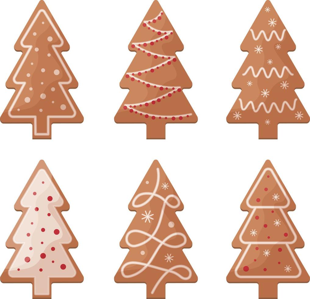 Cute gingerbread set. Christmas gingerbread in the shape of Christmas trees. Festive pastries. A collection of Christmas cookies in the shape of a Christmas tree. Vector illustration