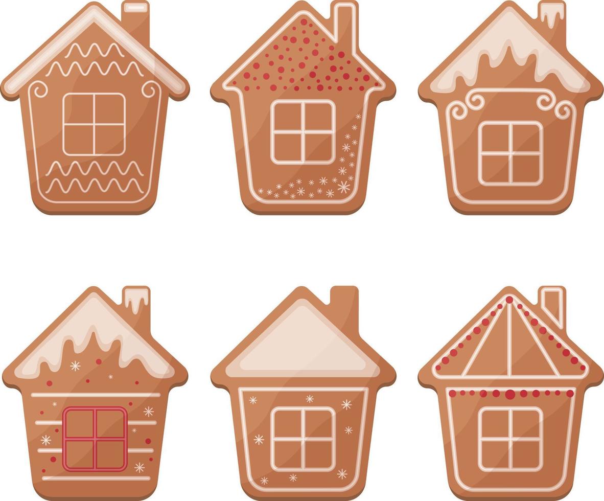Cute Christmas set with gingerbread. Christmas gingerbread in the shape of a house. Festive pastries. Christmas cookies in the shape of a house. Vector illustration isolated on a white background
