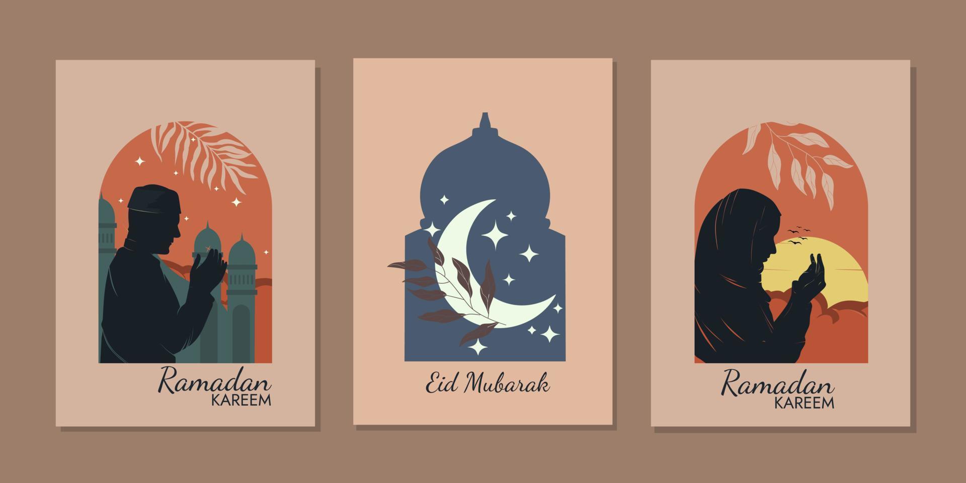 Ramadan Kareem set cover poster or invitation flat design of islamic lantern, star and moon with sunrise background. Vector illustration.