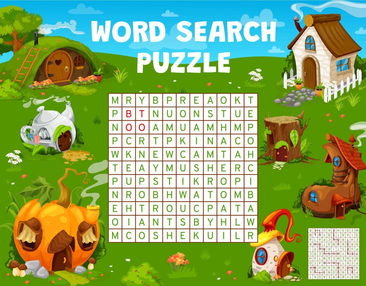 Cartoon fairy houses, word search worksheet game vector