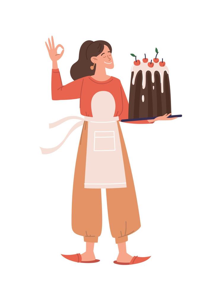 Confectioner, cook, cupcake, pastries. Girl with a cake. The confectioner is satisfied with his product. Vector image.