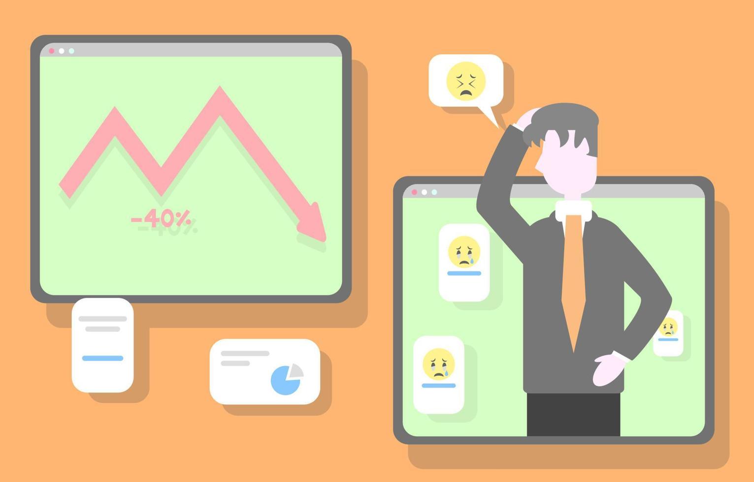 stock market crash, a downward trend in stock prices is depicted on a graph. The sad man sees the value of his portfolio decline as a result of the market vector