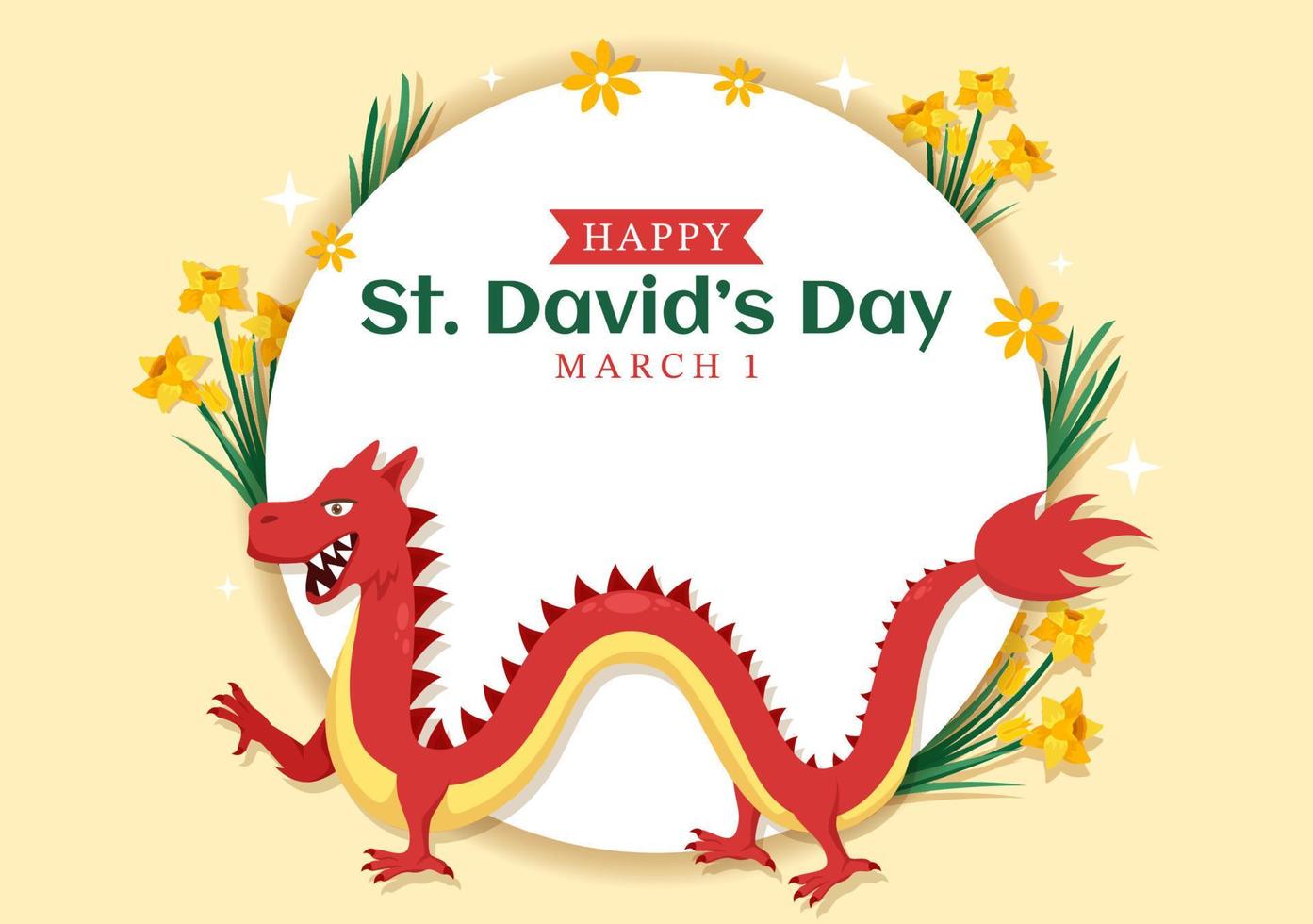 Happy St David's Day on March 1 Illustration with Welsh Dragons and Yellow Daffodils for Landing Page in Flat Cartoon Hand Drawn Templates vector