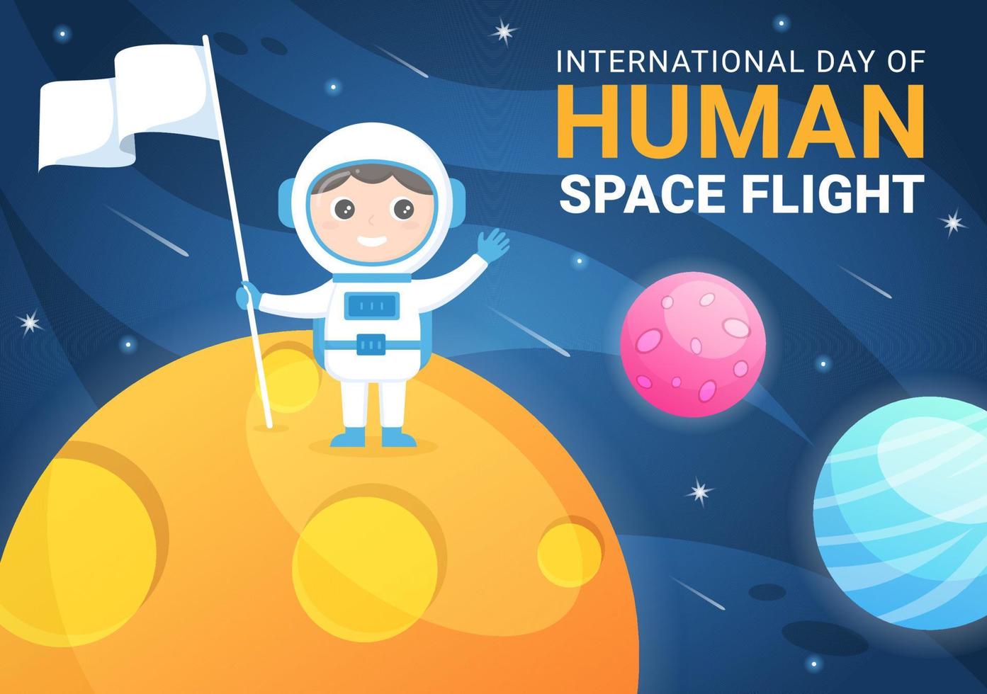 día internacional del vuelo espacial humano el 12 de abril ilustración con cohetes y niños astronautas en dibujos animados planos dibujados a mano para plantillas de página de destino vector