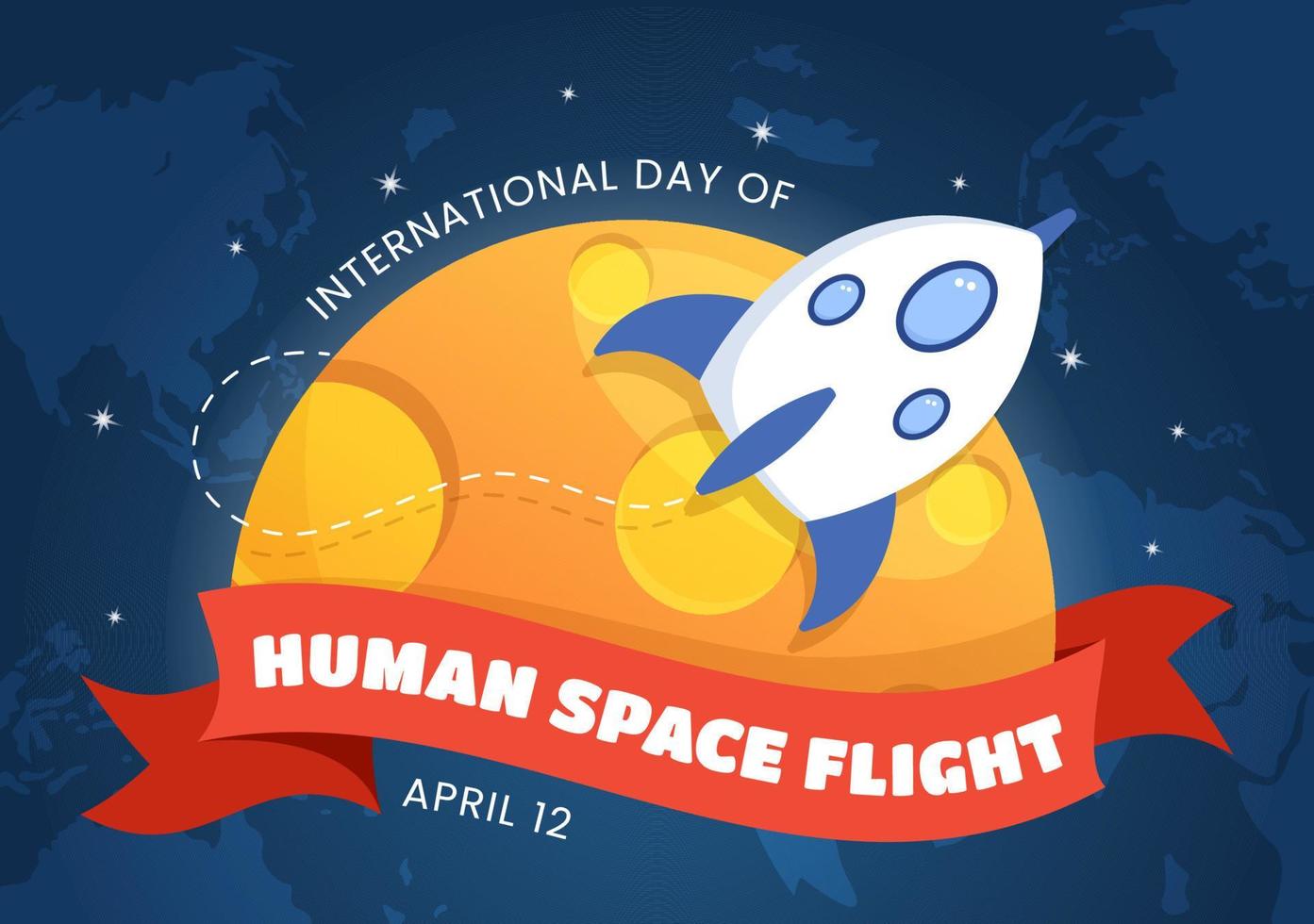 día internacional del vuelo espacial humano el 12 de abril ilustración con cohetes y niños astronautas en dibujos animados planos dibujados a mano para plantillas de página de destino vector