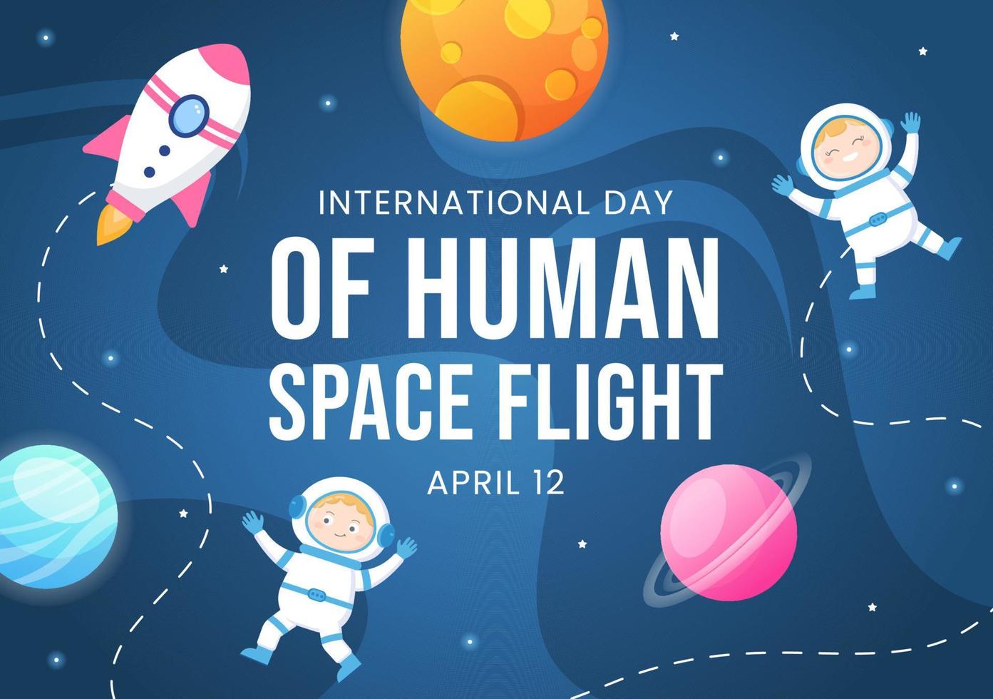 día internacional del vuelo espacial humano el 12 de abril ilustración con cohetes y niños astronautas en dibujos animados planos dibujados a mano para plantillas de página de destino vector