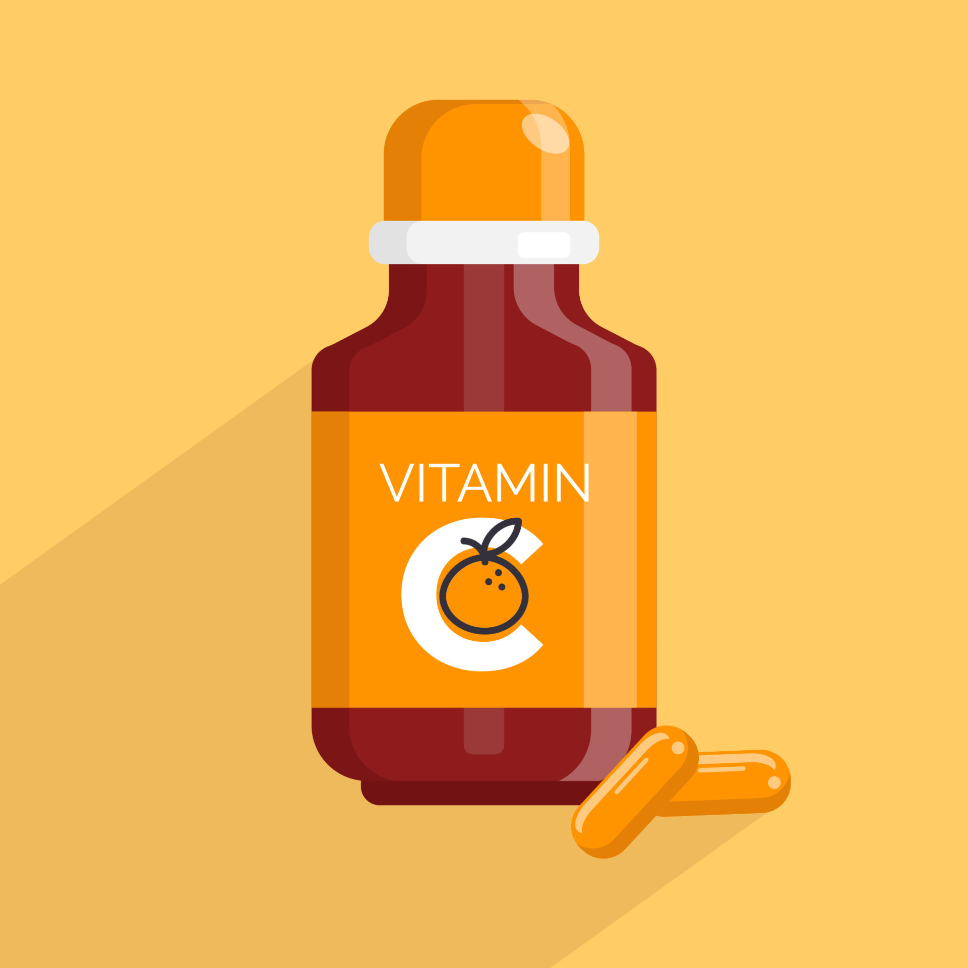Bottle of Vitamin C. Label supplement with a slice of oranges. Capsule
